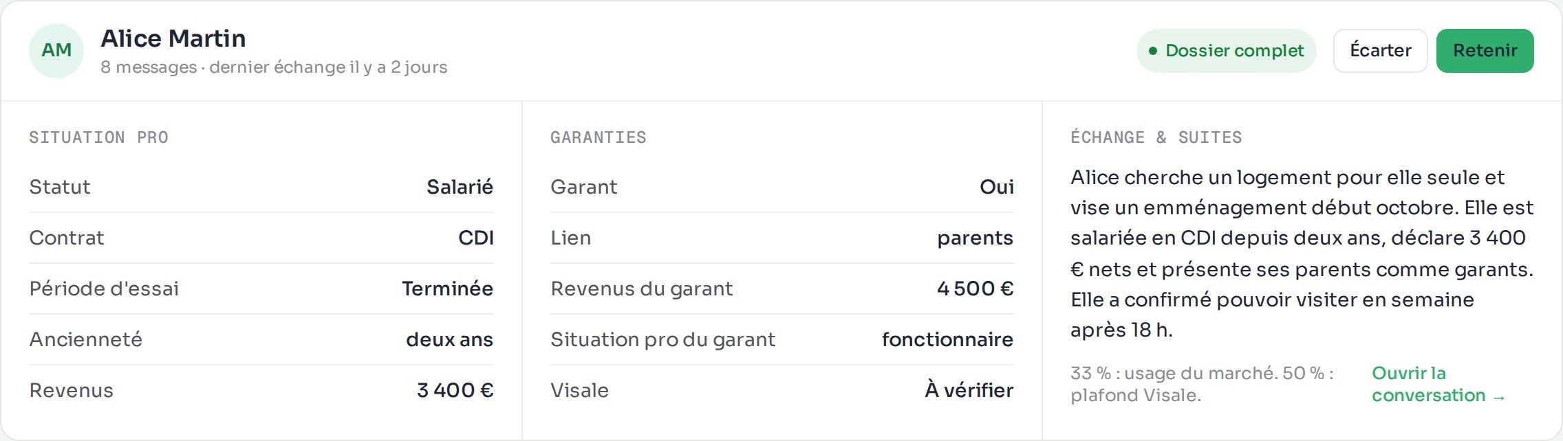 Détail du dossier d’Alice Martin : situation pro, garanties, échange et suites