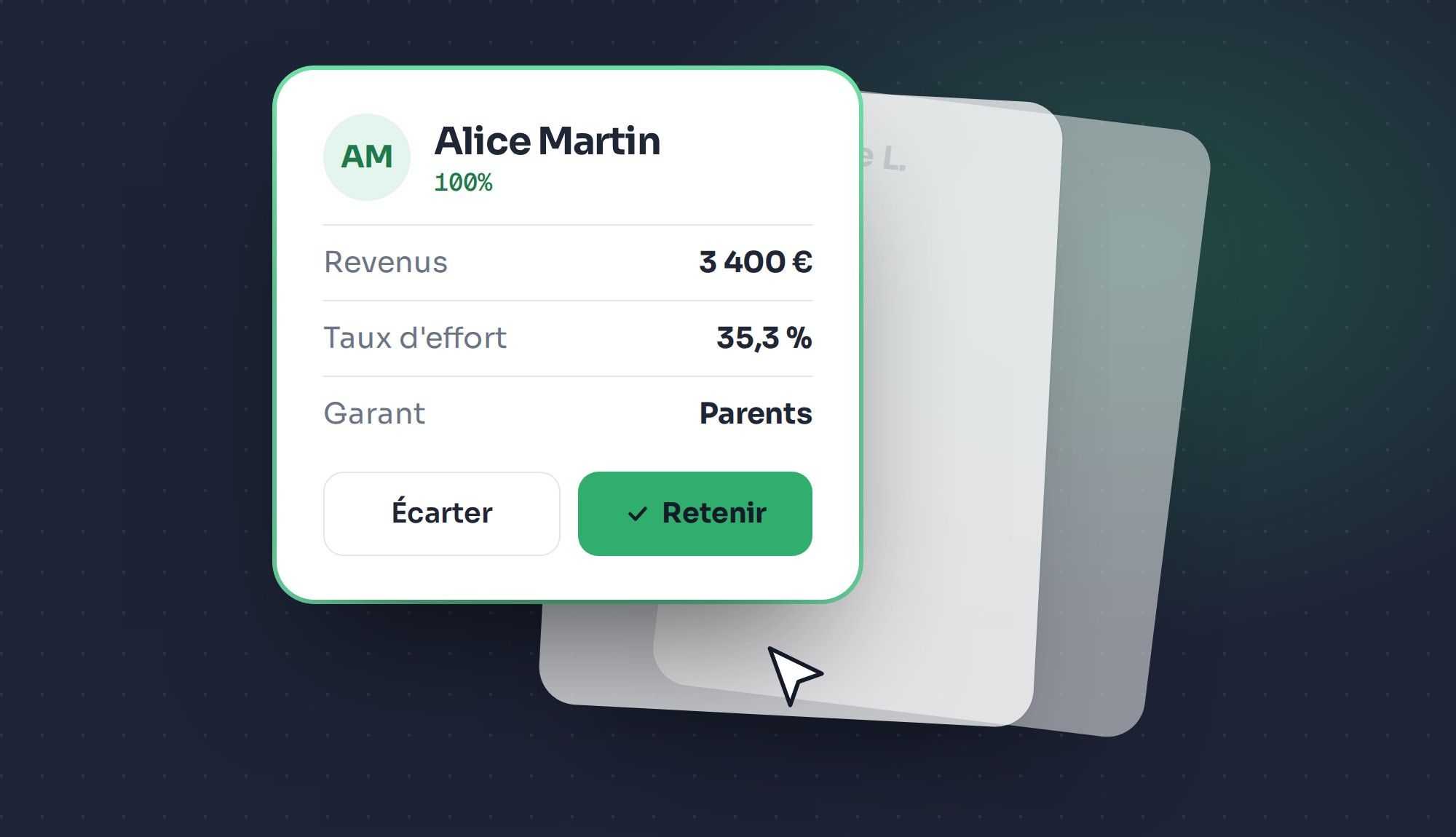 Les fiches des candidats côte à côte ; le bailleur clique sur Retenir pour Alice Martin